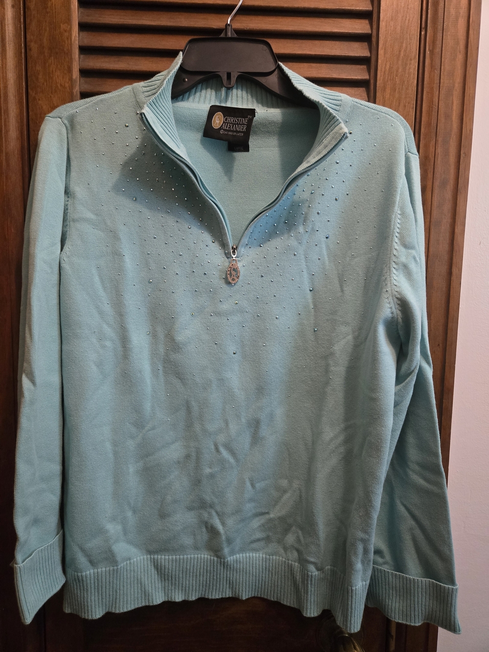 Christine Alexander Light Teal Quarter-Zip Sweater with Crystal Accent